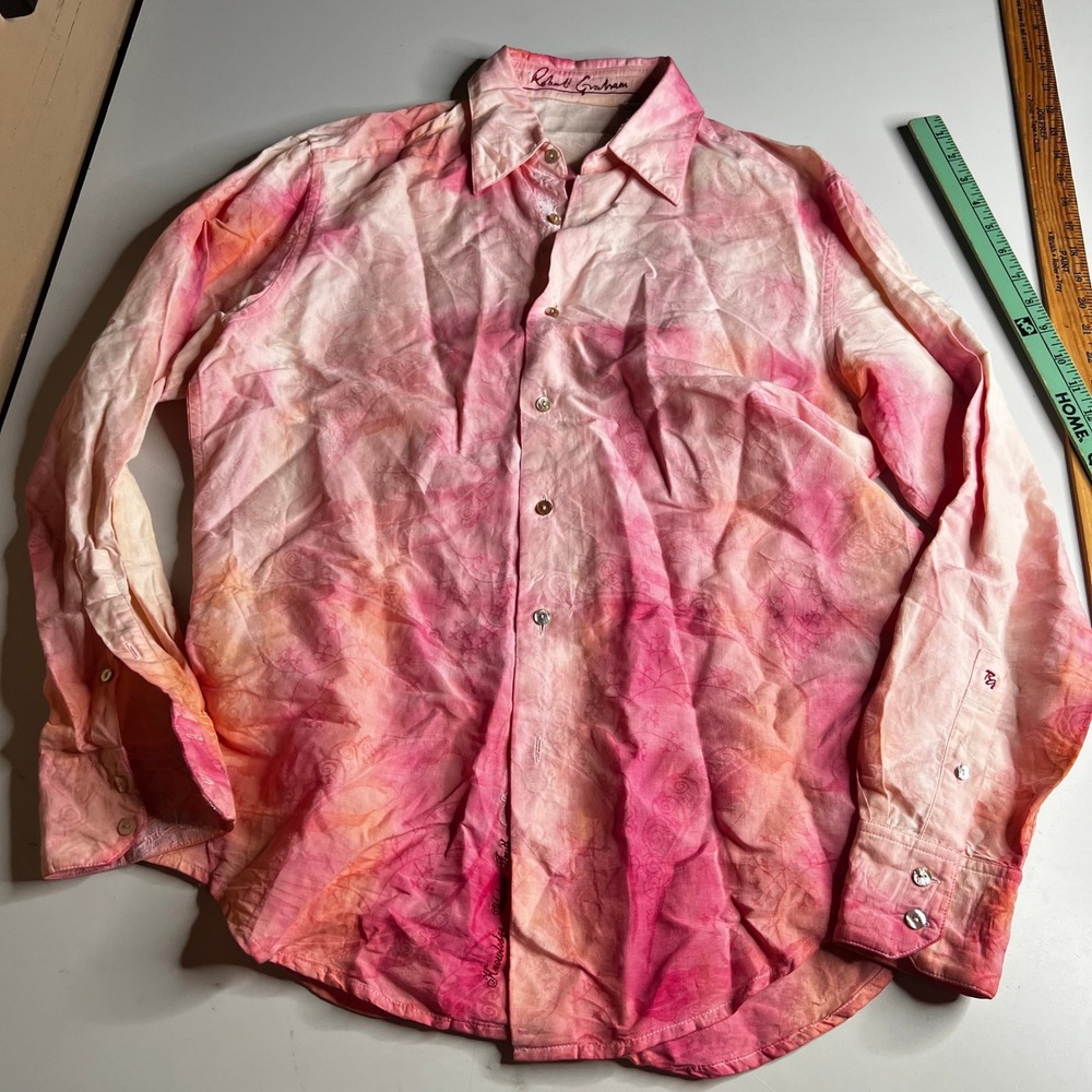 Robert Graham Mens Medium Pink Orange Tie Dye Paisley Cotton Linen Button Shirt